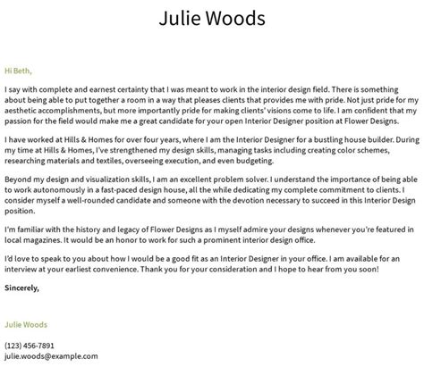 Components of a Letter cover letter example for interior design job